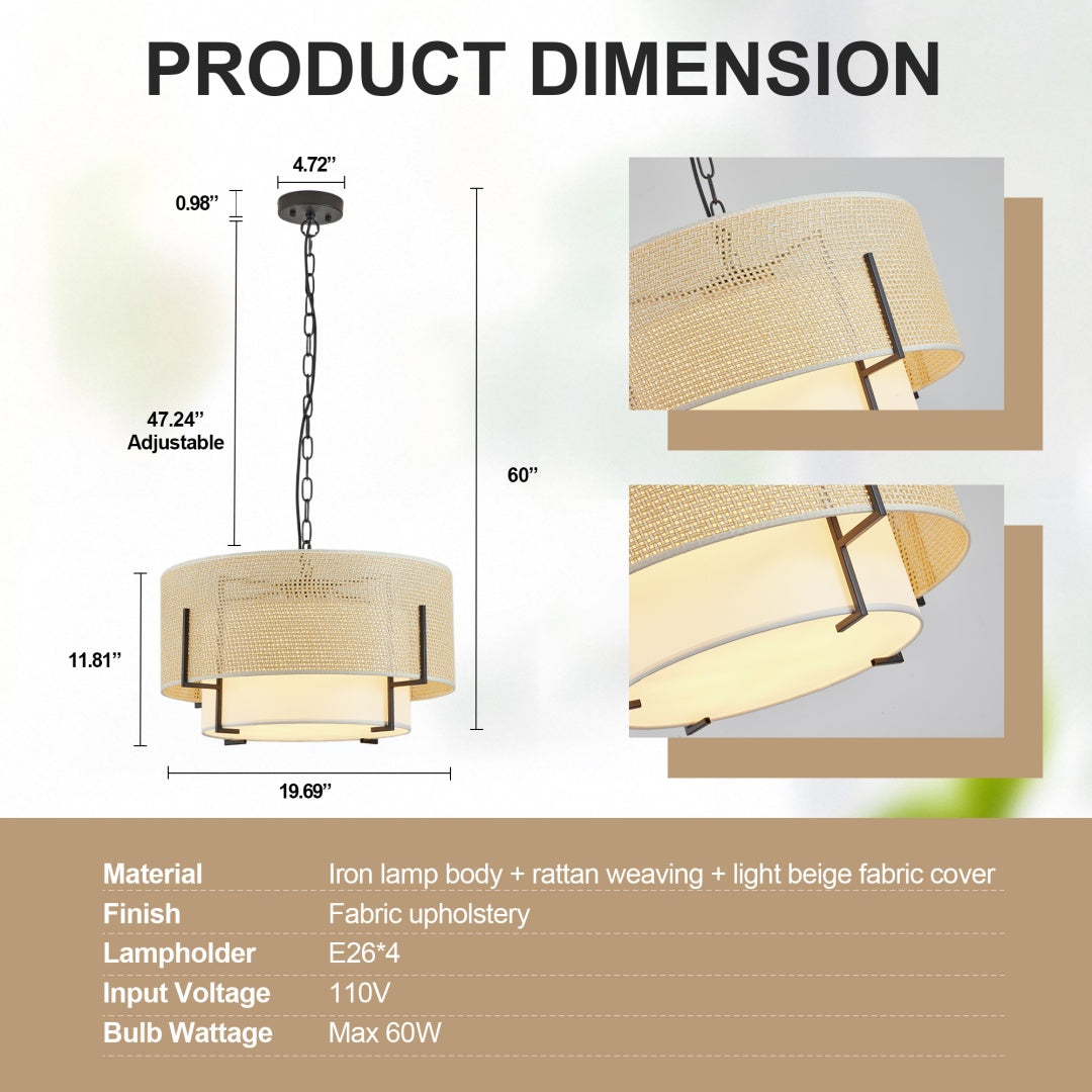 19.7in  Farmhouse Boho Chandelier,4-Light Hand Woven Rattan Pendant Light With Fabric Shade Rustic Drum Chandelier For Dining Room Kitchen Bedroom Foyer Entryway Living Room Bulb Is Not Including