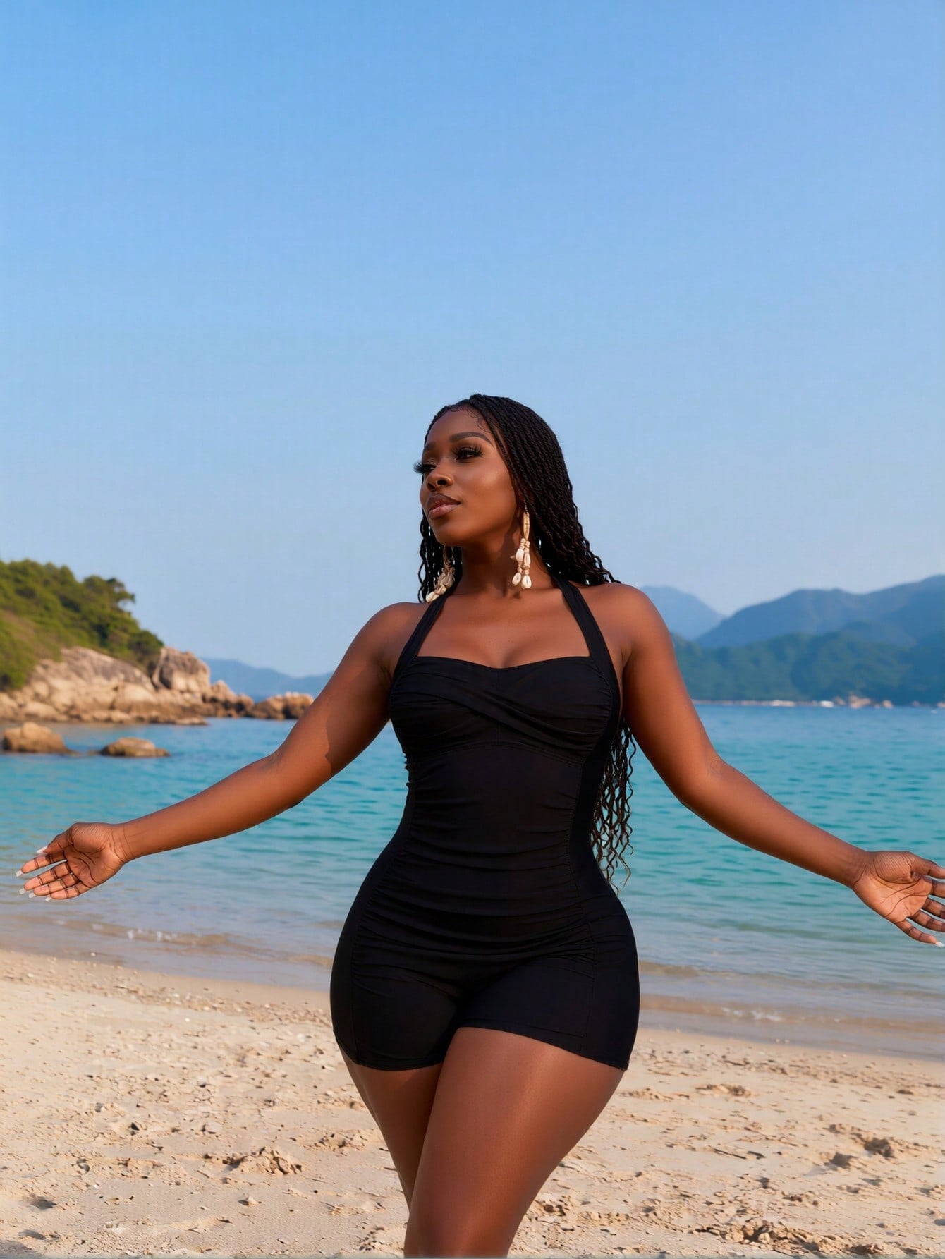 2026 New Women's Swimdress Black With Halter Neck, Ruched Tummy Control, Flared Skirt Hem And Boyleg Bottoms