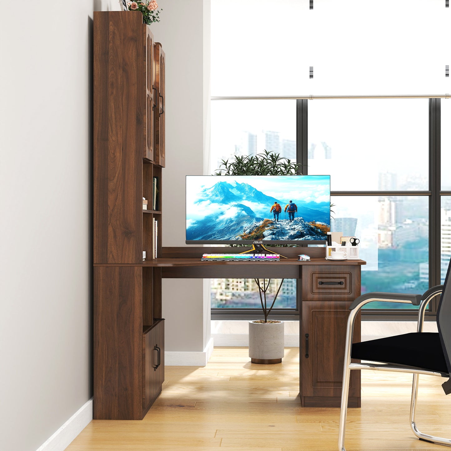L-Shaped Corner Computer Desk  For Home Office Or Study Desk, Study Modern Style Table With Drawers, Bookshelf & Hutch, 2-in-1 L-Shaped Design, Large Working Space