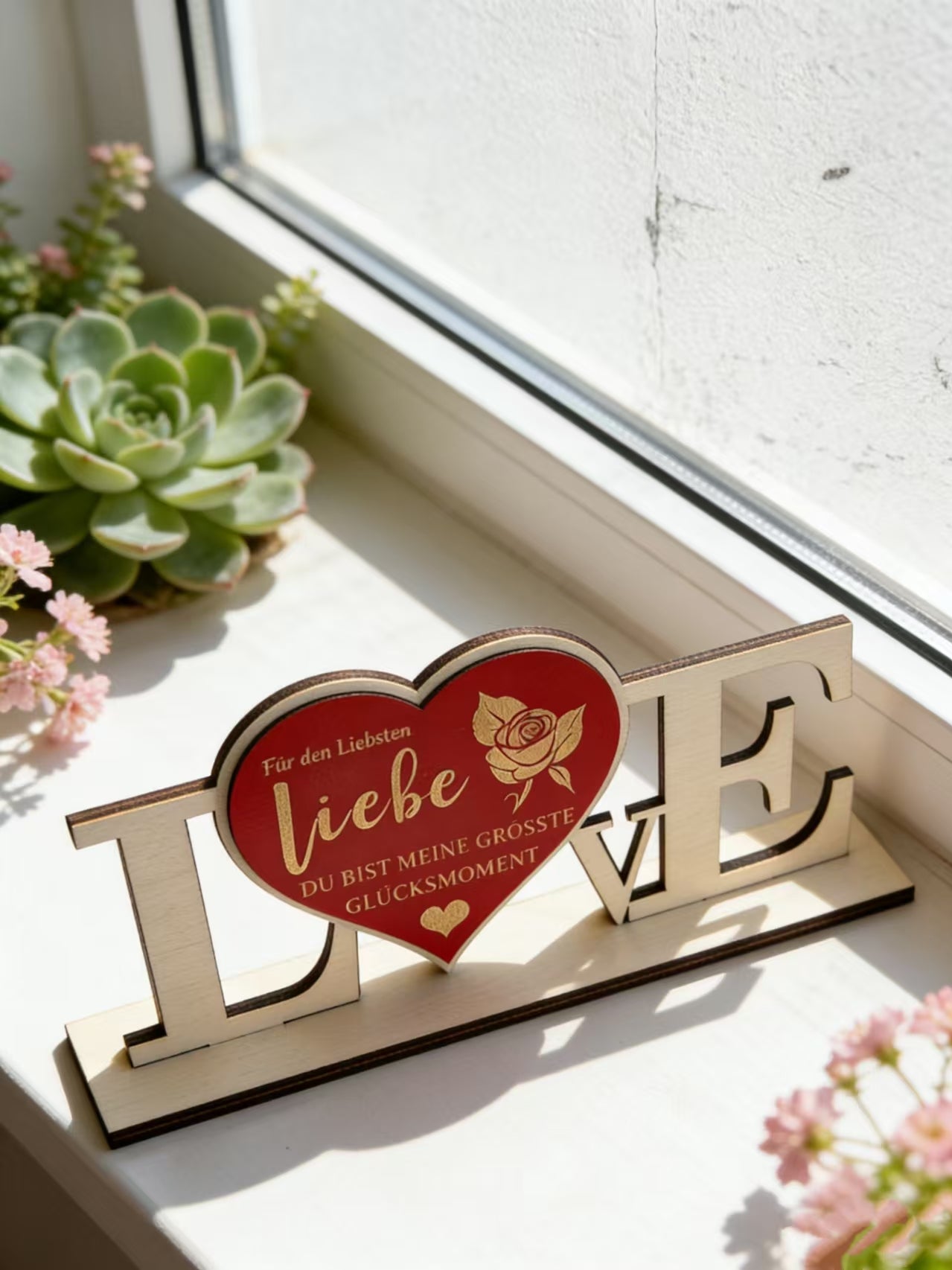 Personalized LOVE Wooden Sign With Rose Engraving,English&German Heart Table Decor,Valentine Anniversary Gift For Couple