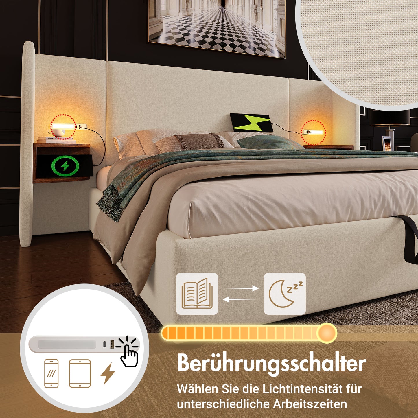 Upholstered Bed Double Bed 180x200 With Bedside Table, Reading Lamp And USB Type-C Charging Function, Bed System Storage Bed Frame With Slatted Base Made Of Solid Wood And Metal, Beige, Linen Without