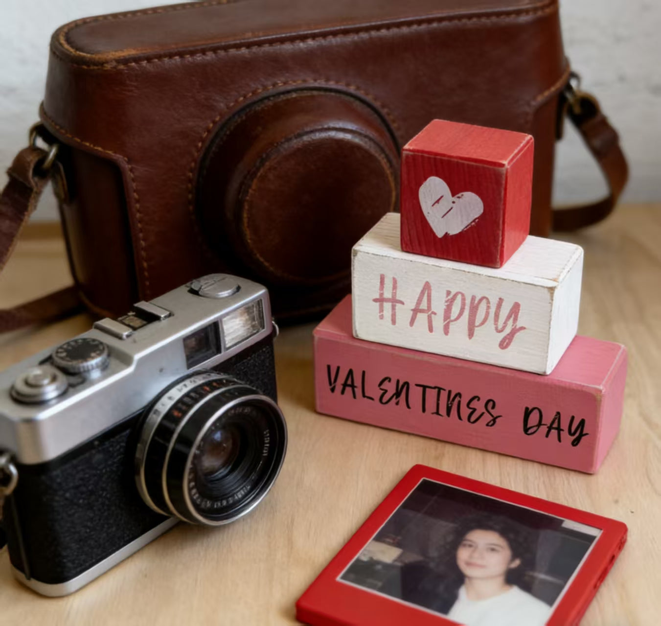 Valentine's Day Wooden Block Sign, Romantic Table Decor With Heart Pattern, Wedding Anniversary Photo Prop