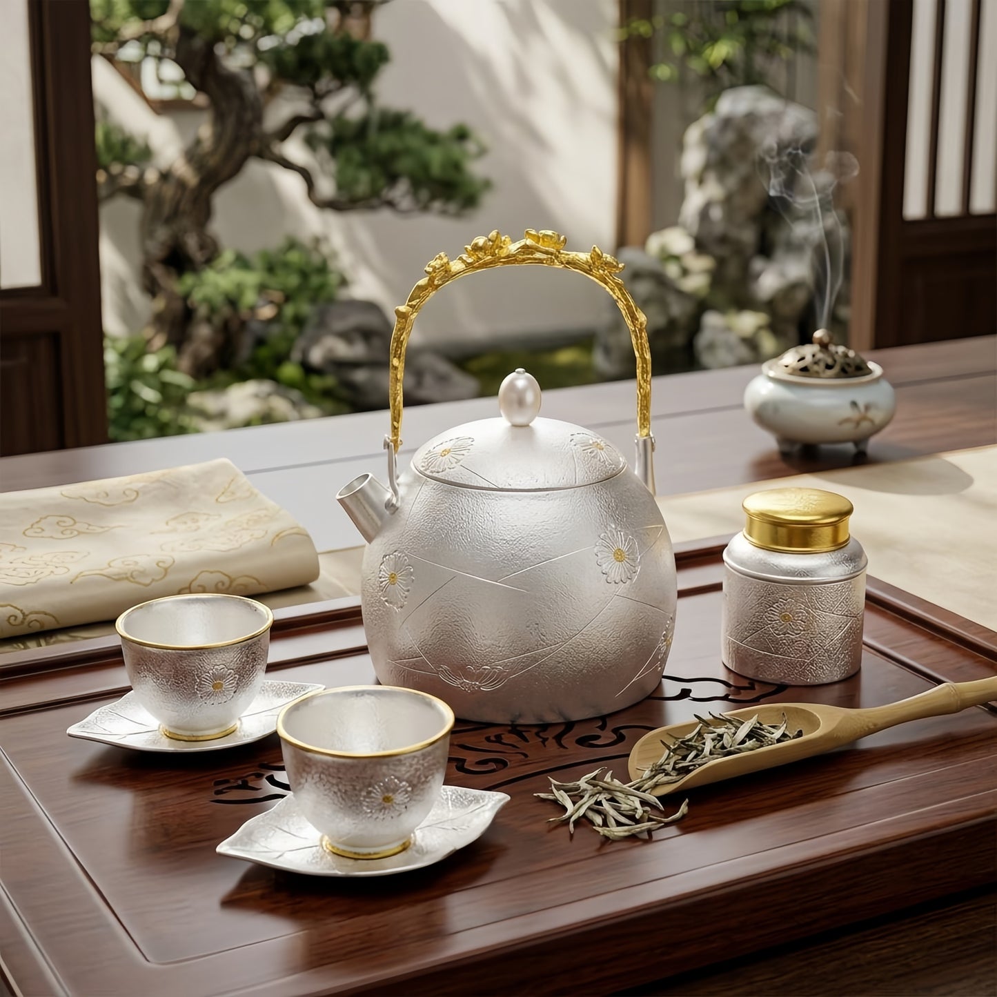 925 Sterling Silver Handcrafted Silver Tea Kettle with Ornate Floral Handle and Pearl Finial - Handicraft