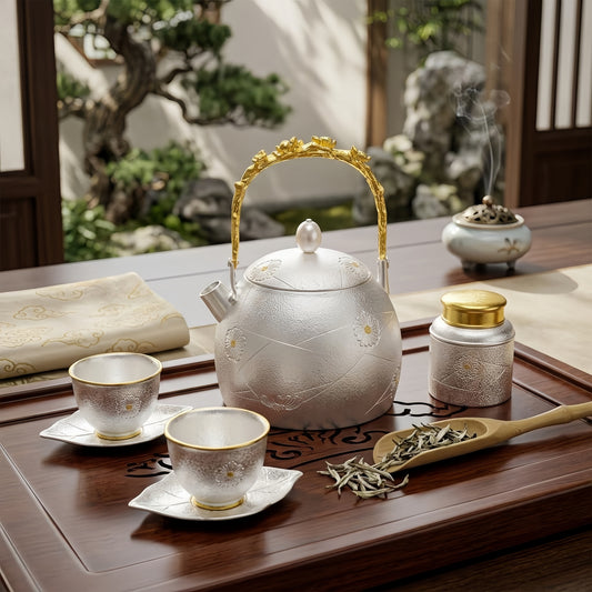 925 Sterling Silver Handcrafted Silver Tea Kettle with Ornate Floral Handle and Pearl Finial - Handicraft