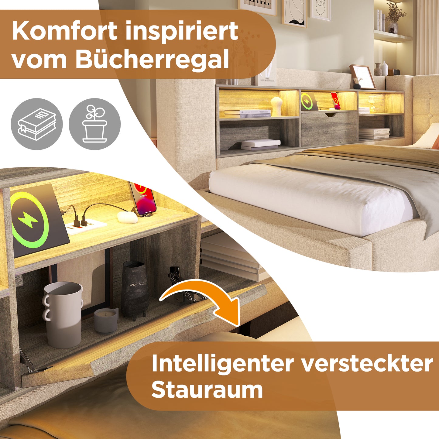 Upholstered Bed 90x200 Cm Single Bed With LED Lighting, Hydraulic Storage, L-shaped Headboard With Storage, Can Be Mounted On Both Sides, Slatted Base, Linen Fabric, Beige  Without Mattress