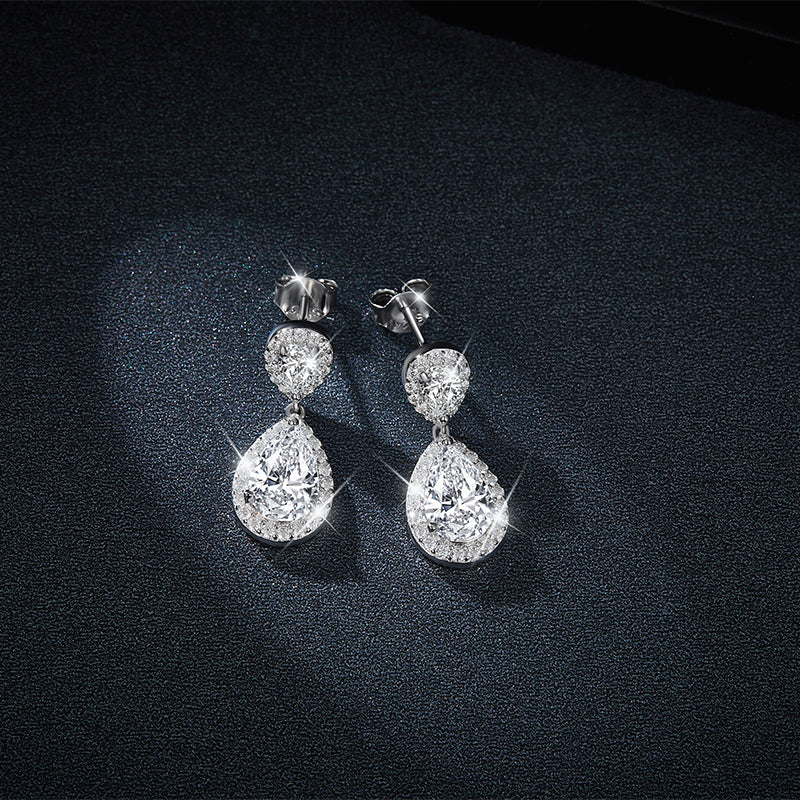 S925 Sterling Silver Platinum Plated Pear Cut Moissanite Dangle Earrings  6x9mm Teardrop Halo Drop Earrings With GRA Certificate Jewelry Gift Box Set