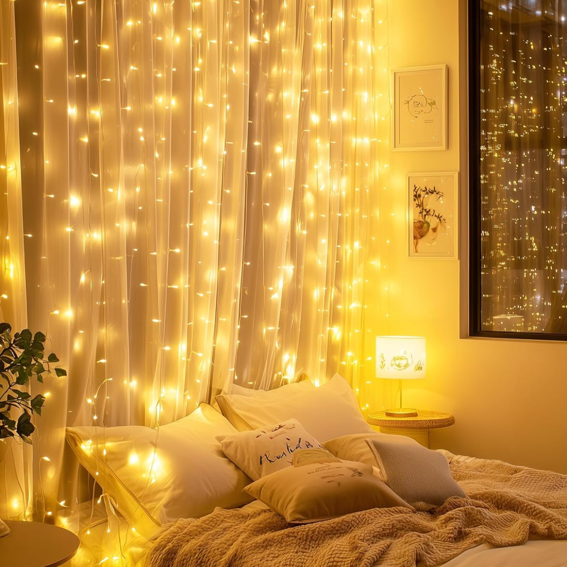 300 LED Fairy Curtain Lights  Warm White Curtain String Lights USB Plug In 8 Lighting Modes Christmas Decoration, Hanging Lights