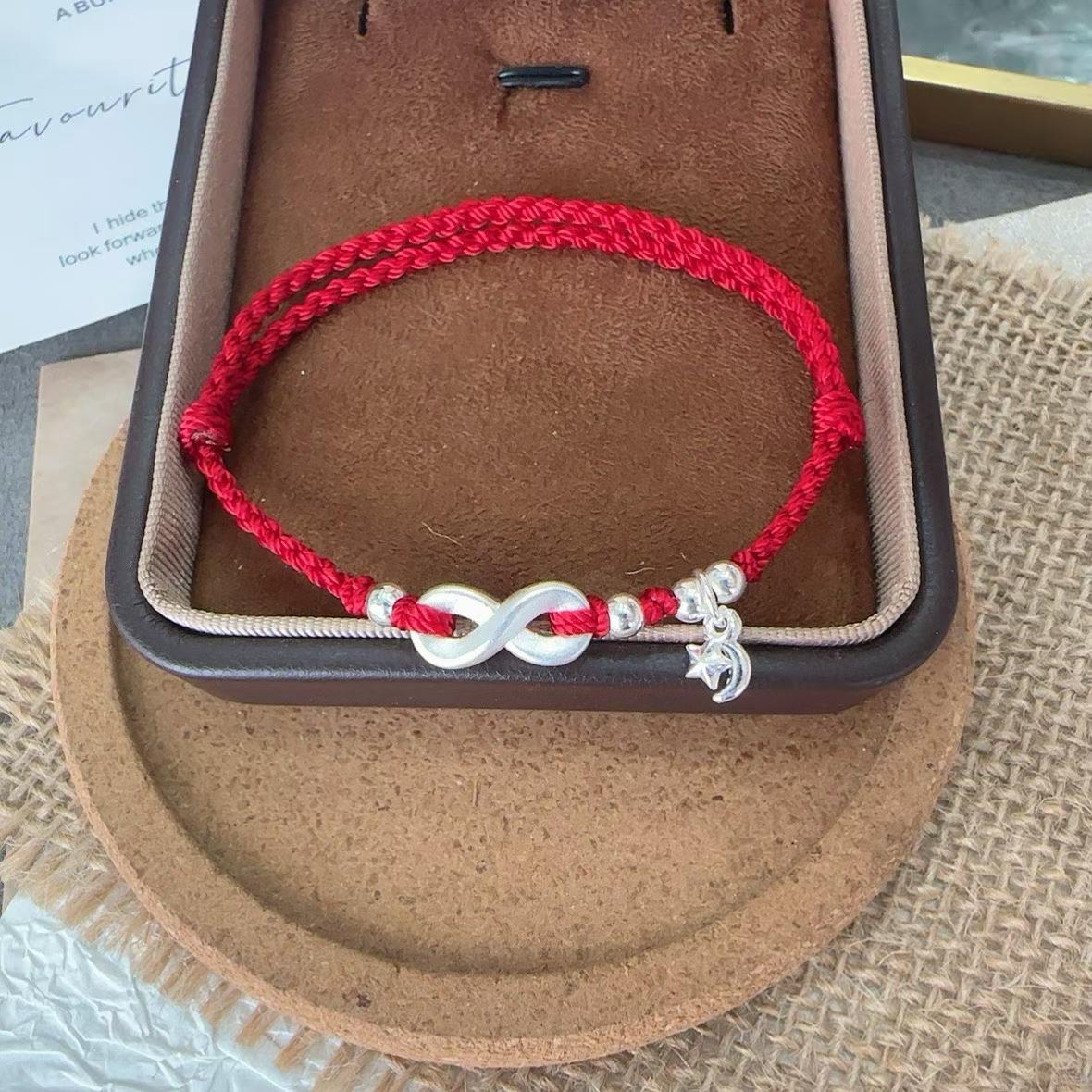1pcs 999 Sterling Silver Infinity Star Moon Charm Double Red Rope Braided Bracelet, Elegant Chinese Style, For Daily Date Wear & Girlfriend Valentine Lucky Gifts