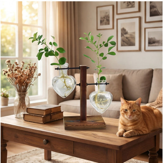 Decorative Glass Vase Set With 2 Heart-shaped Vases And A Wooden Stand, For Flowers And Decorative Party Accessories