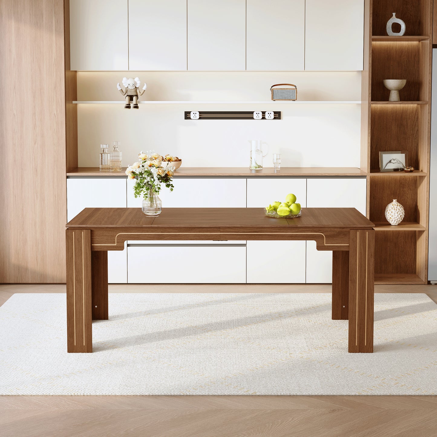 71 X 31.5 Inch Walnut MDF Spliced Tabletop Dining Table With Grooved Legs. Modern Luxury Home Dining Table, Suitable For 6-8 People. Flexible Adaptation To Dining Rooms, Living Rooms, Study Rooms,etc.