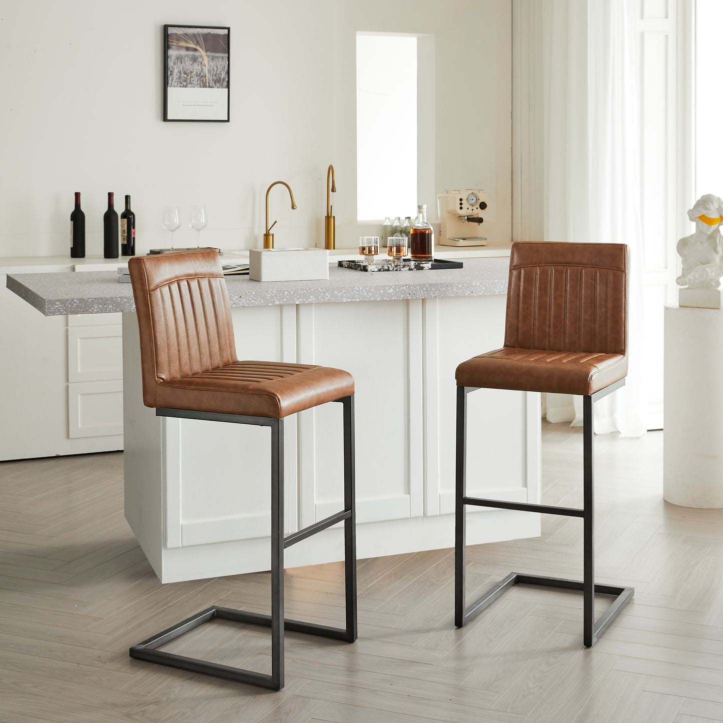 Back Brown Faux Leather Bar Stool  Sturdy Black Metal Frame & Padded Seat  Stylish Seating For Kitchen Island  Home Bar & Dining Counter 2 Sets