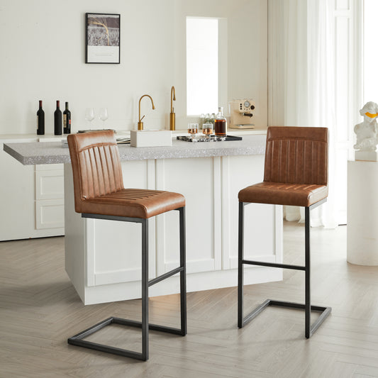 Back Brown Faux Leather Bar Stool  Sturdy Black Metal Frame & Padded Seat  Stylish Seating For Kitchen Island  Home Bar & Dining Counter 2 Sets