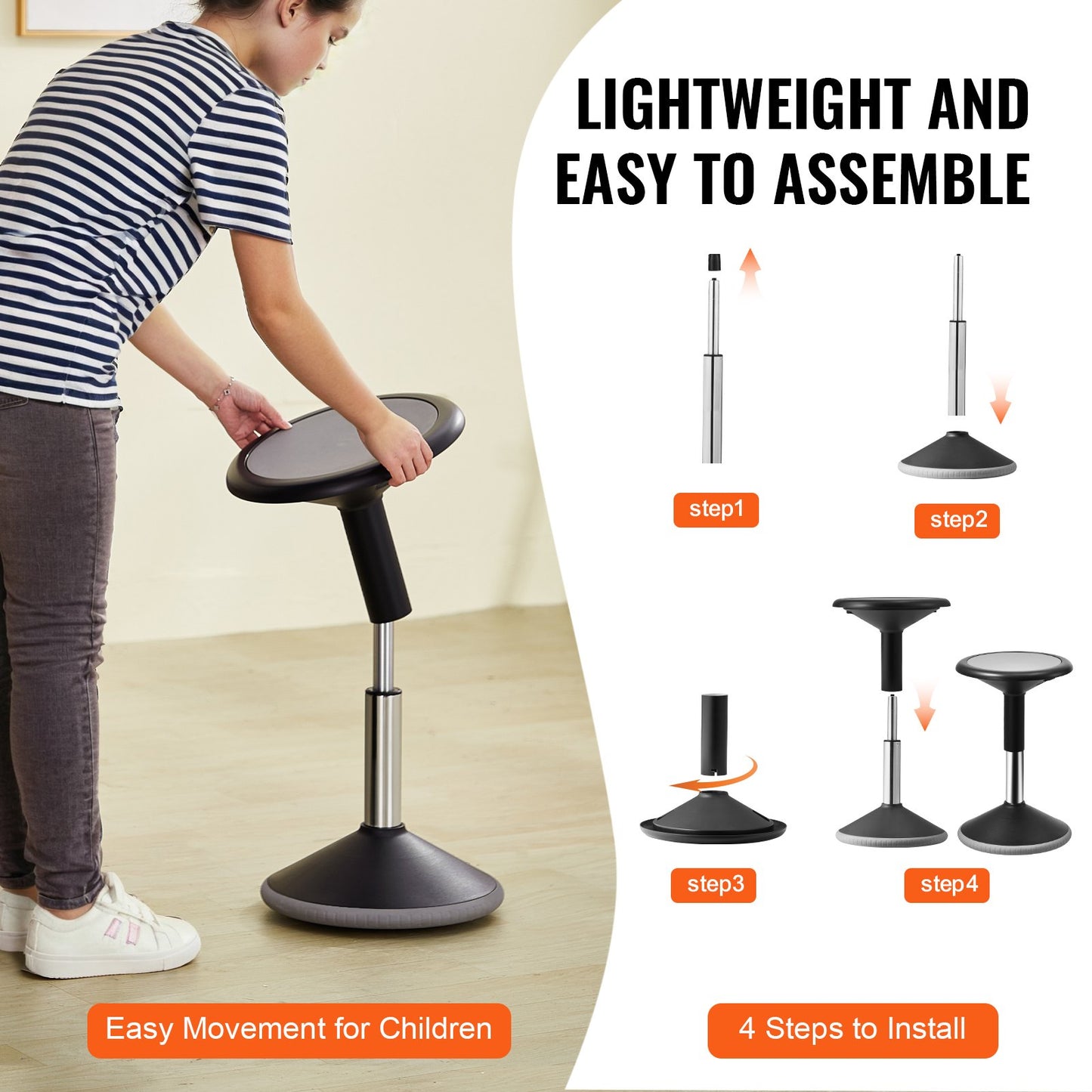 Wobble Chair, Height-Adjustable (15.7-21.7') Active Chair, Flexible Seating Wobble Stool Made Of PVC+ABS Improves Focus & Posture, Ideal For Schools, Office And Home, Age 12-18, Black