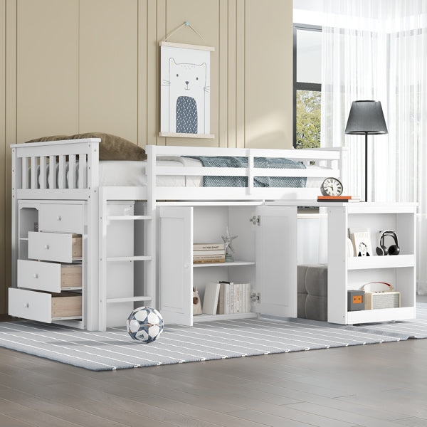Twin Loft Bed With Storage Cabinet, Drawer And Shelf Cabinet And Pulling-Out Desk, Rubber Wood Loft Bed With Safety Guardrail, Ladder,White
