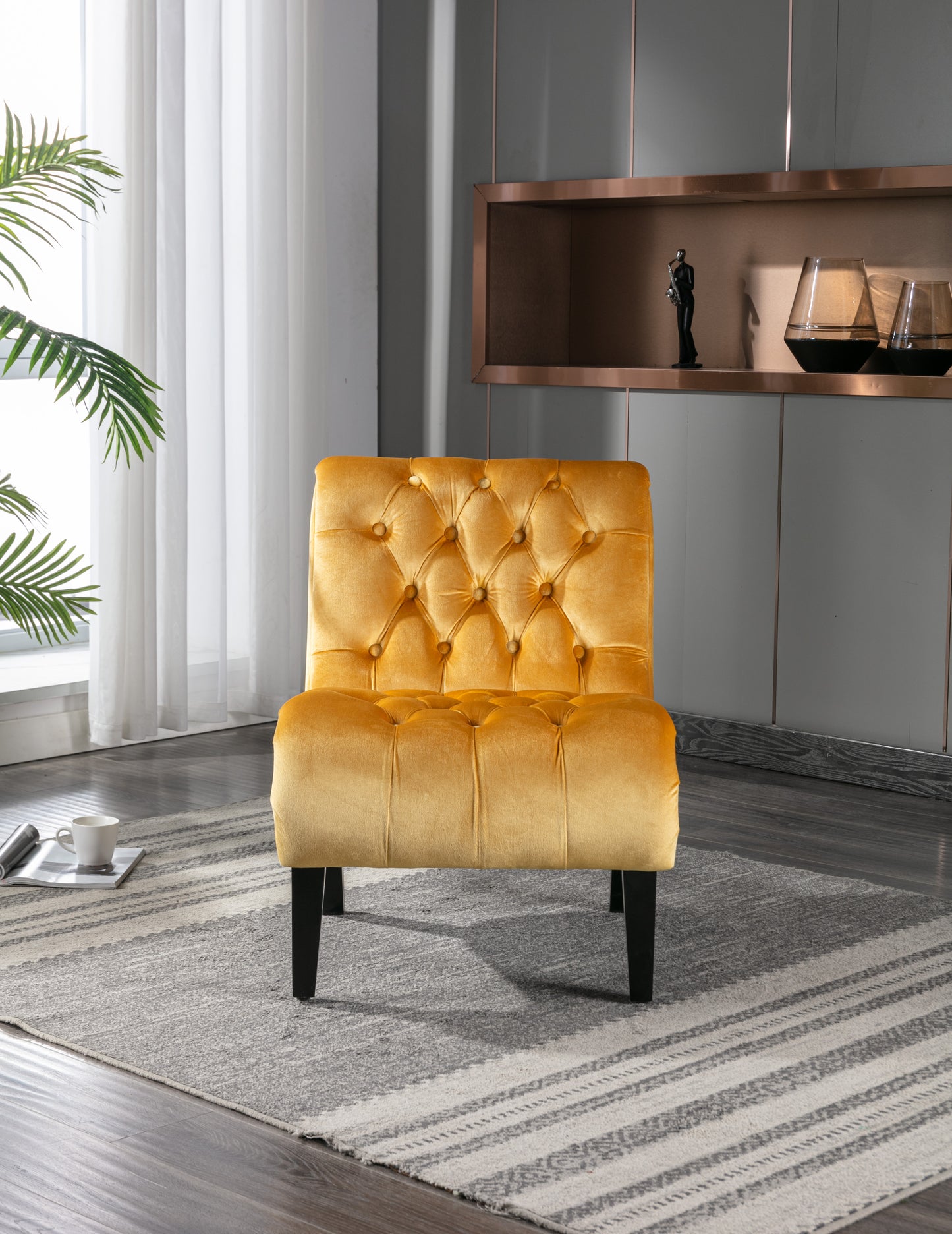 COOLMORE Modern Velvet Armless Accent Living Room Chair   Leisure Chair,Upholstered Fabric Button Comfortable Chair With Wooden Legs For Bedroom, Living Room, Office  Mustard Velvet