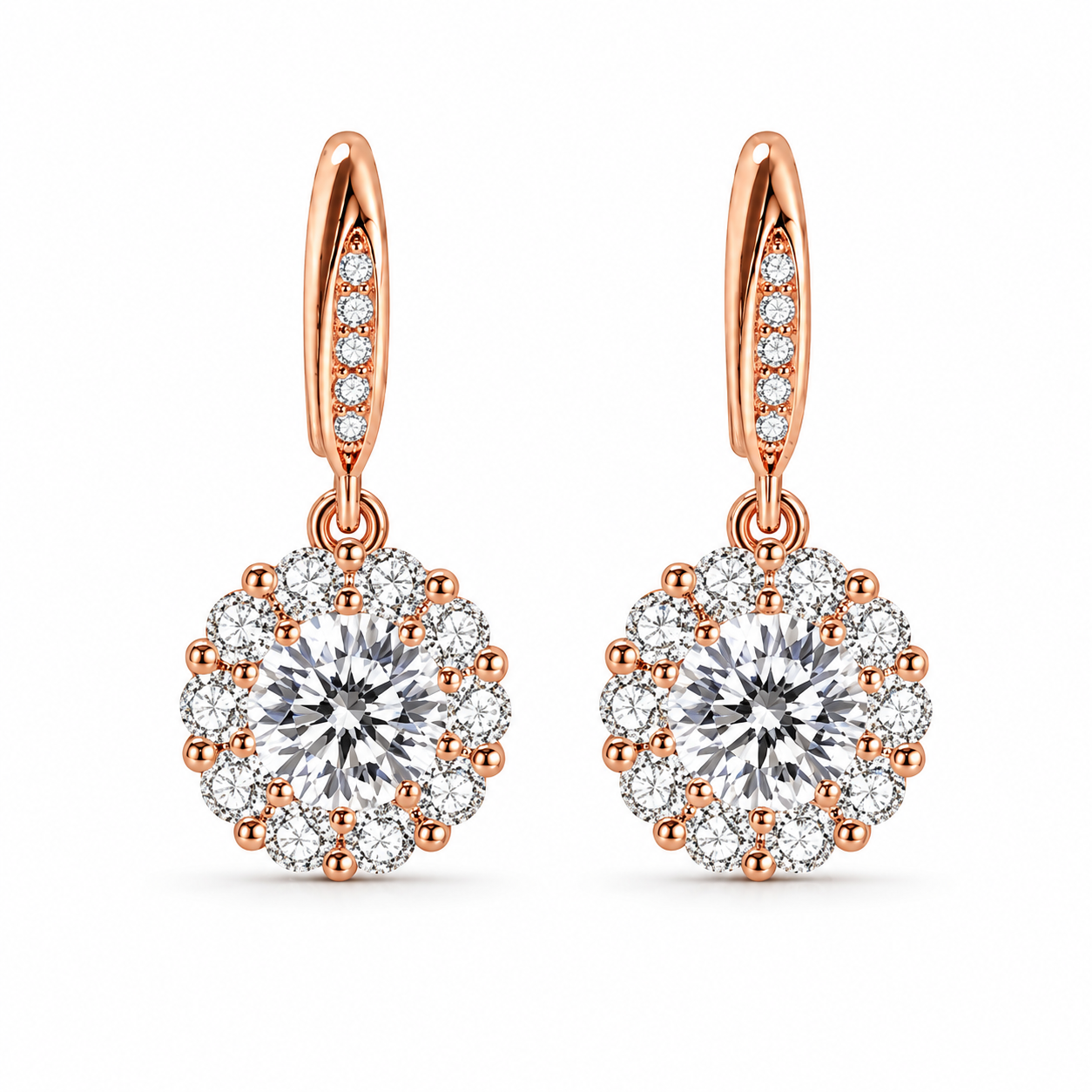 Sunburst Double Halo Round Clear CZ Leverback Dangle Drop Earrings For Women, Copper Rose Gold Plated Bridal Wedding Anniversary Fine Jewelry Gift