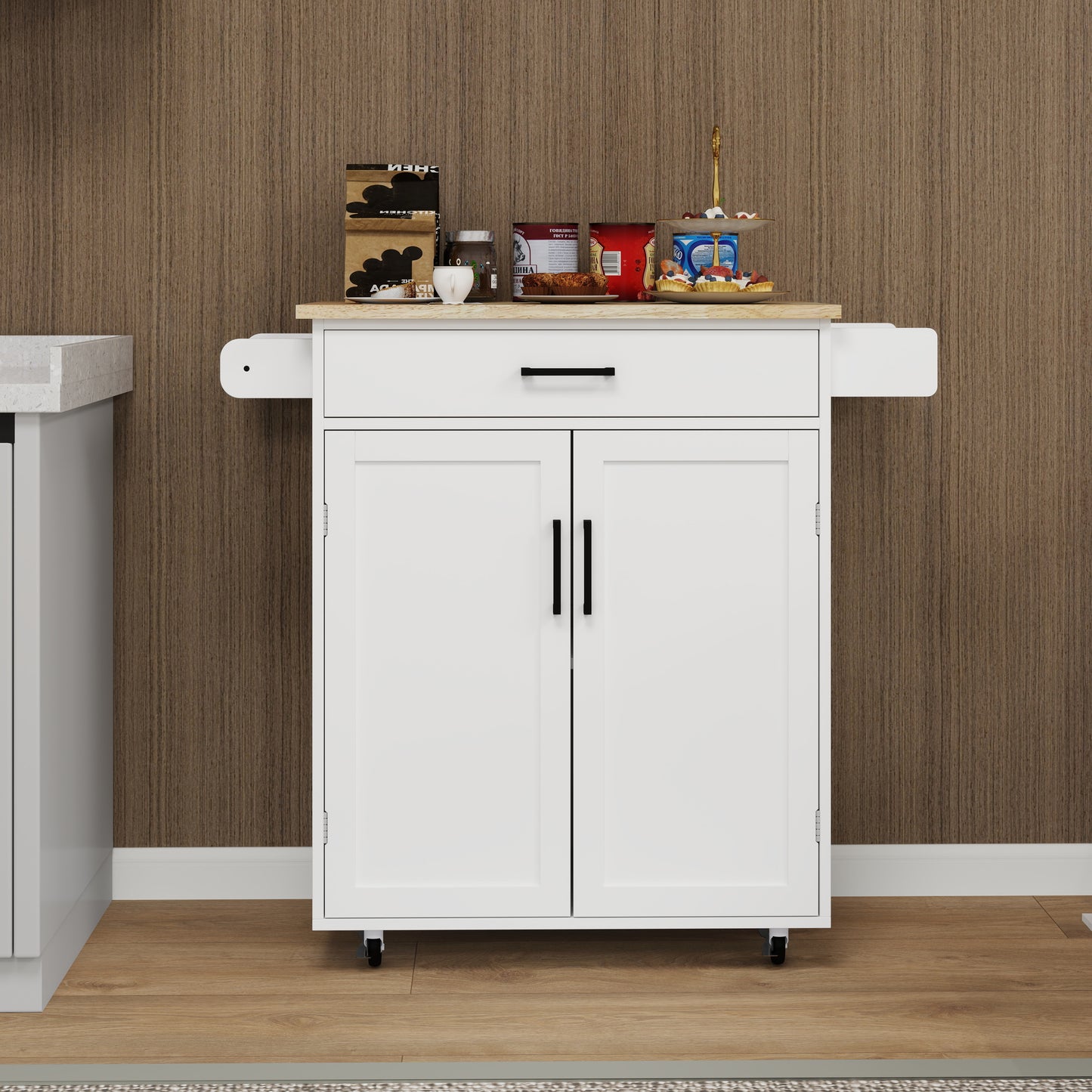 Kitchen Island Rolling Trolley Cart With 1 Drawer & 2 Doors With Storage Racks & Adjustable Shelves & Towel Rack & Seasoning Rack Rubber Wood Table Top-White