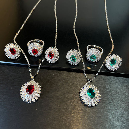 Three-Piece Sapphire Fashion Exquisite Sweet Versatile Jewelry Set Cross-Border Copper Inlaid Zirconium Red Necklace