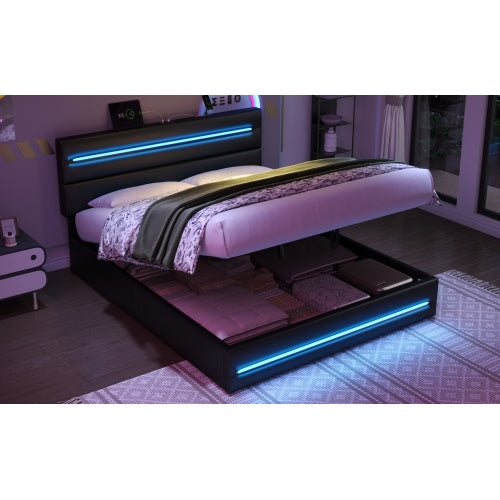 4ft6 Double Upholstered Bed Frame With Hydraulic Storage, PU Ottoman Bed With LED Lighting And Charging Station, LED Adjustable Headboard With USB And Type - C Ports, Black