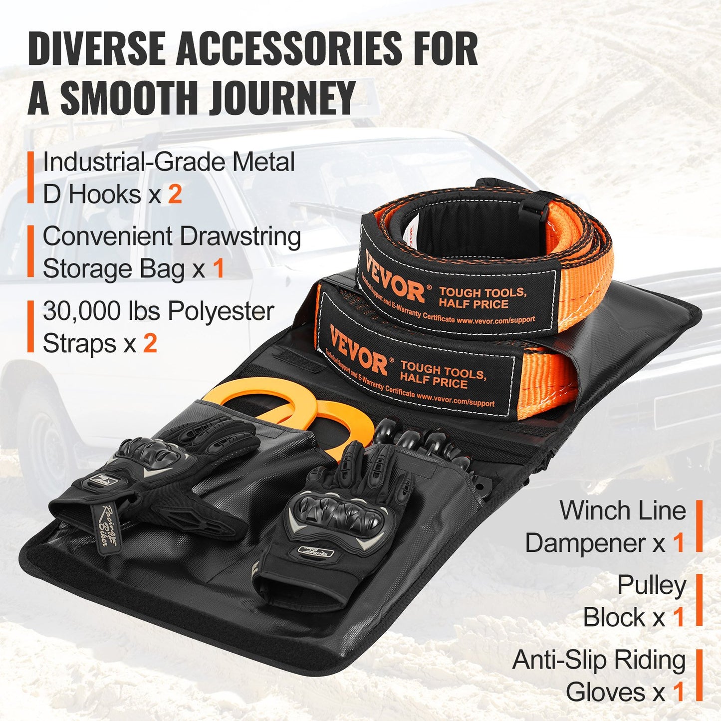 Off-Road Recovery Kit, 3" X 30', Heavy Duty Winch Recovery Kit With 30000 Lbs Tow Straps, 44092 Lbs D-Ring Shackles, Shackle Receiver, Snatch Block Pulley, Gloves, Storage Bag For ATV Jeep Truck