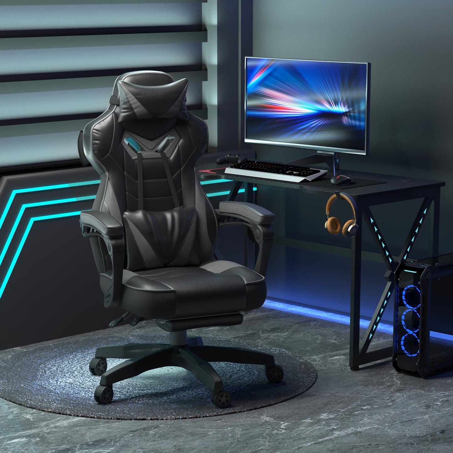 Vinsetto Computer Gaming Chair, Racing Desk Chair With Lumbar Support And Footrest, PU Leather Gamer Chair With Headrest And Swivel Wheels For Home, Grey