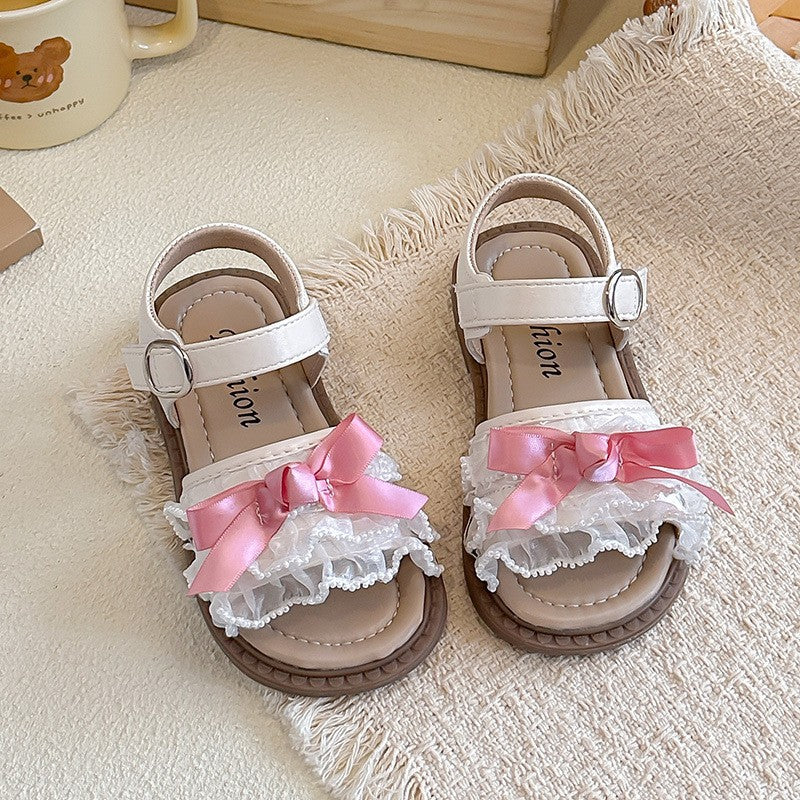 2026 Spring Summer Ins Kids Sandals, Korean Style Girls Flat Princess Shoes With Bow & Mesh Lace Trim
