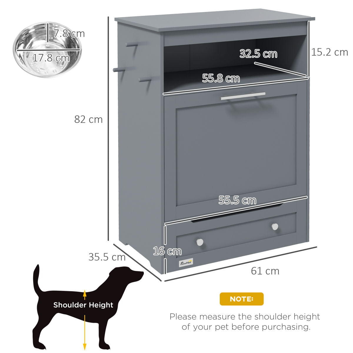 PawHut Pet Feeder Station, Dog, Cat Storage Container, With Raised Bowls, Hanger, Cabinet - Grey