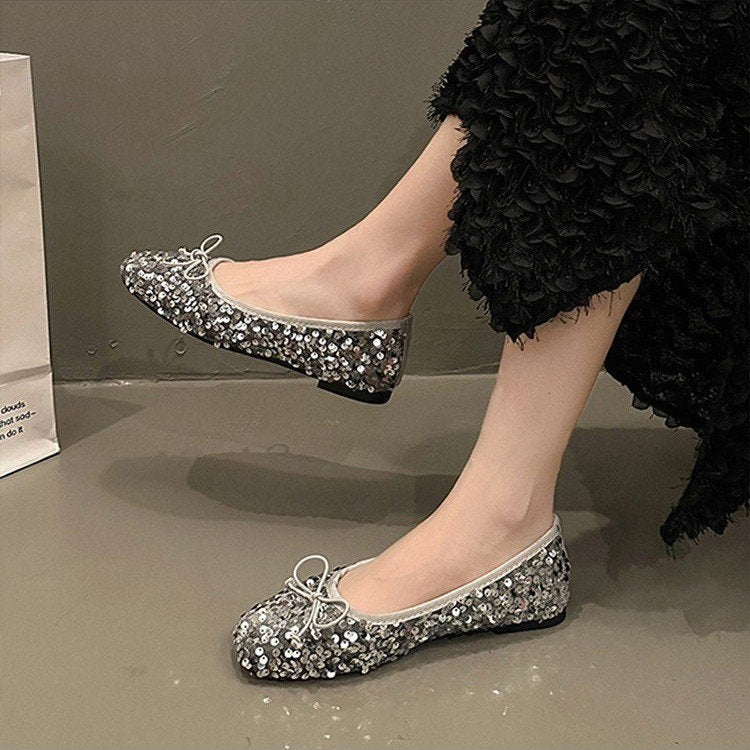 Women's Sequin Flat Versatile Pumps, 2026 Spring & Autumn New Gentle Evening Style Bow Low-Cut Soft Sole Loafers