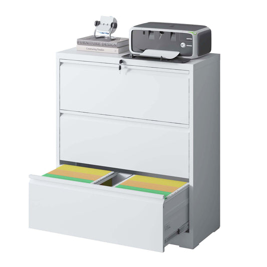 Lateral File Cabinet 3 Drawer, White Filing Cabinet With Lock, Lockable File Cabinet For Home Office, Locking Metal File Cabinet For Legal Letter A4 F4 Size