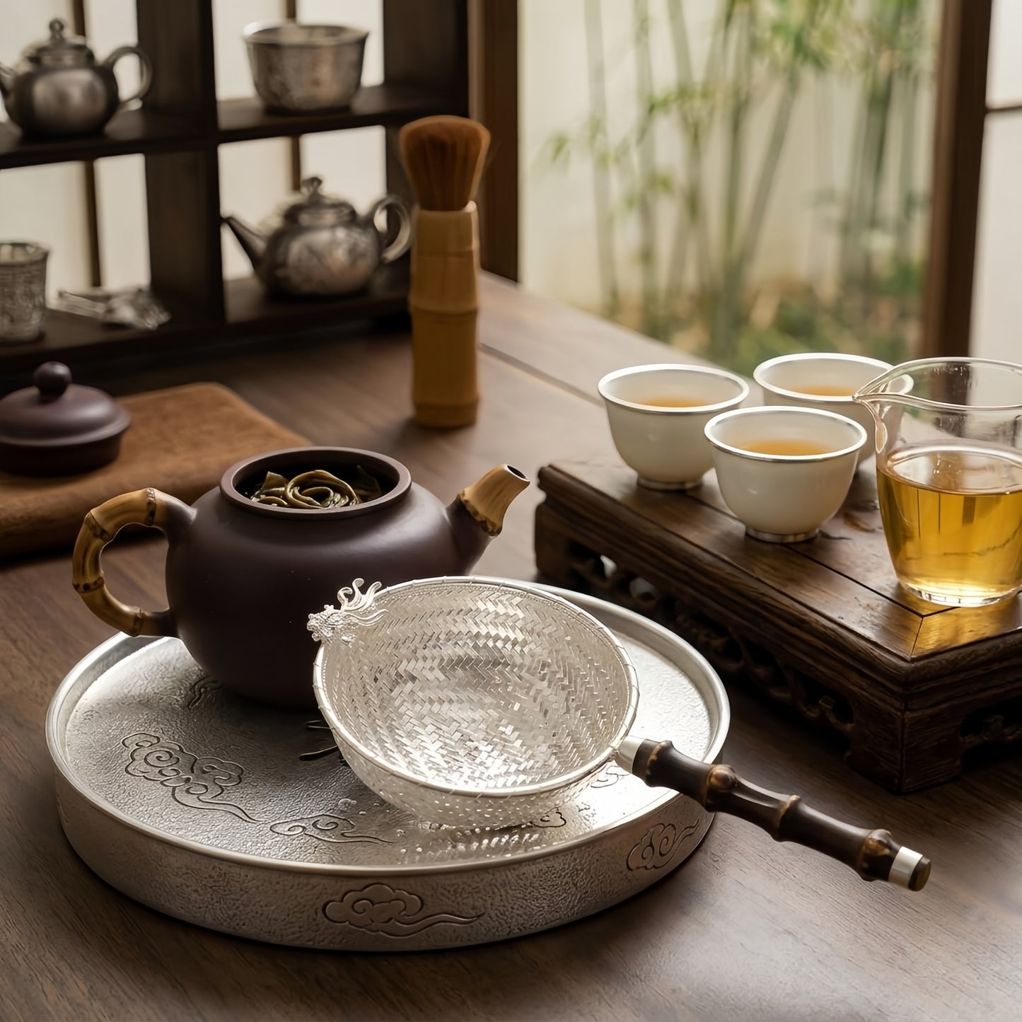 Pure 999 Fine Silver Elegant Silver Tea Strainer with Woven Mesh Basket and Bamboo-Style Wooden Handle - Handicraft
