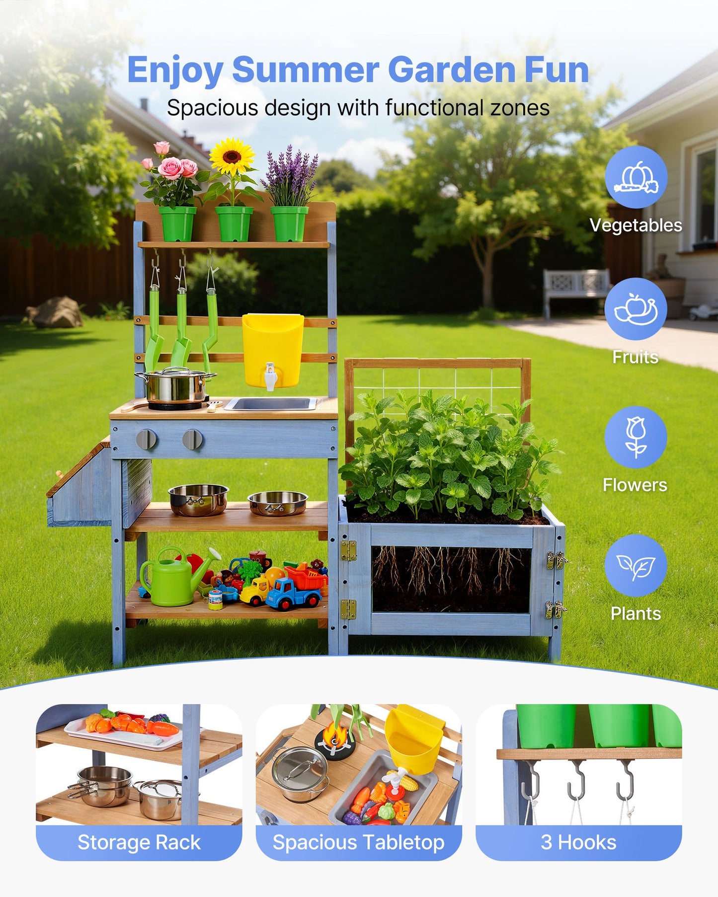 Mud Kitchen, Outdoor Mud Kitchen For Kids, Wood Outdoor Play Kitchens With Planting Box, Critter Catcher Container, Tank, Sink, Cookware Pots And Accessories, Wooden Play Kitchens For Lawn, Yard