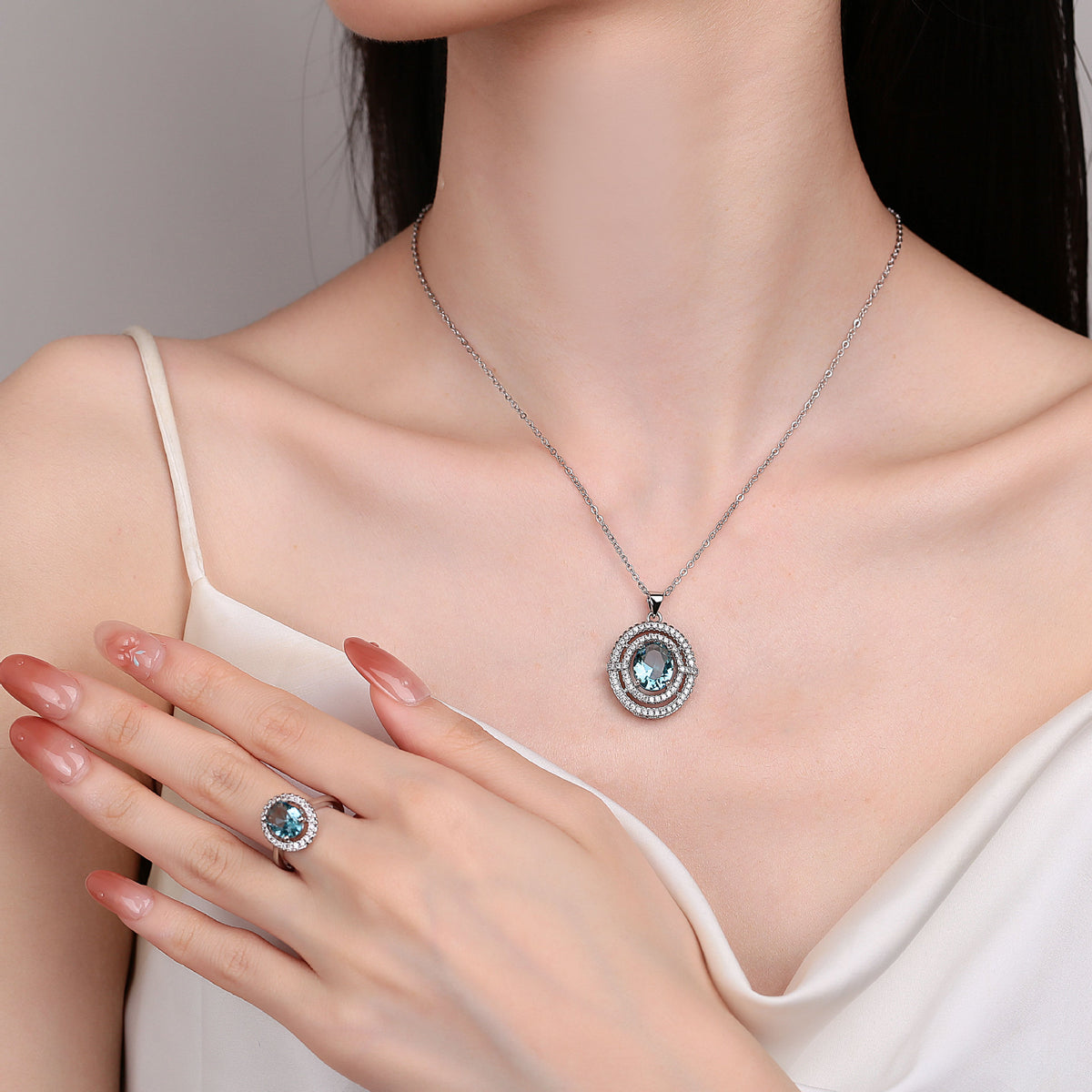 Cross-border Jewelry Wholesale Korean Elegant Women's Egg-shaped Blue Zircon Ring Fashion Niche Suit Jewelry