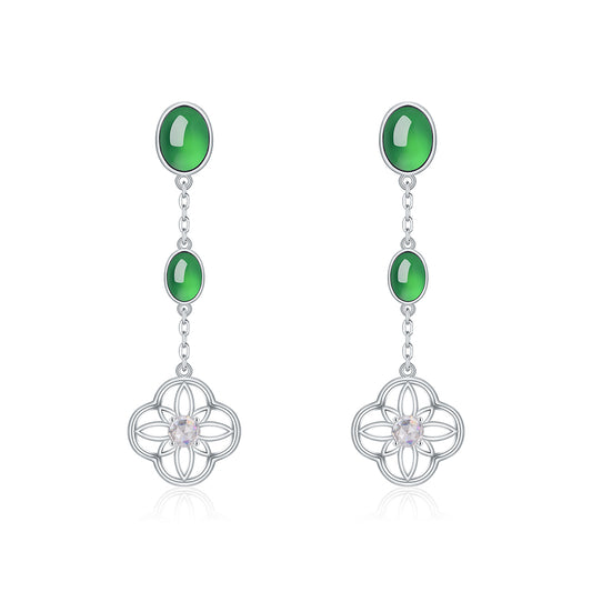 S925 Sterling Silver Dangle Earrings, 8x6mm Oval Green Chrysoprase Drop Earrings, Platinum Plated 4.7g Elegant Long Chain Earrings With Gift Box