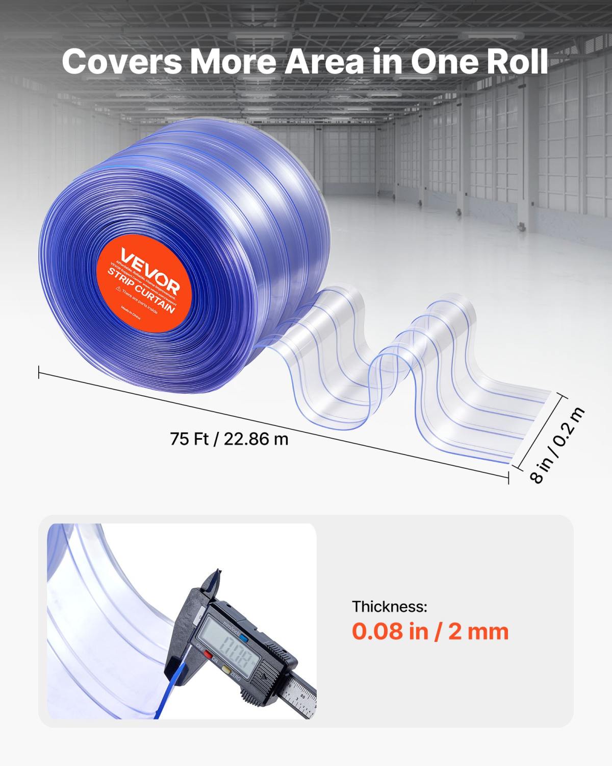 Clear PVC Strip Curtain, 75 Ft Length X 8 In Width, Ribbed Plastic Door Strip Bulk Roll, Walk In Freezer Cooler Curtain Strips For Doorways Of Supermarket, Garage, Warehouse, Pet Animal House