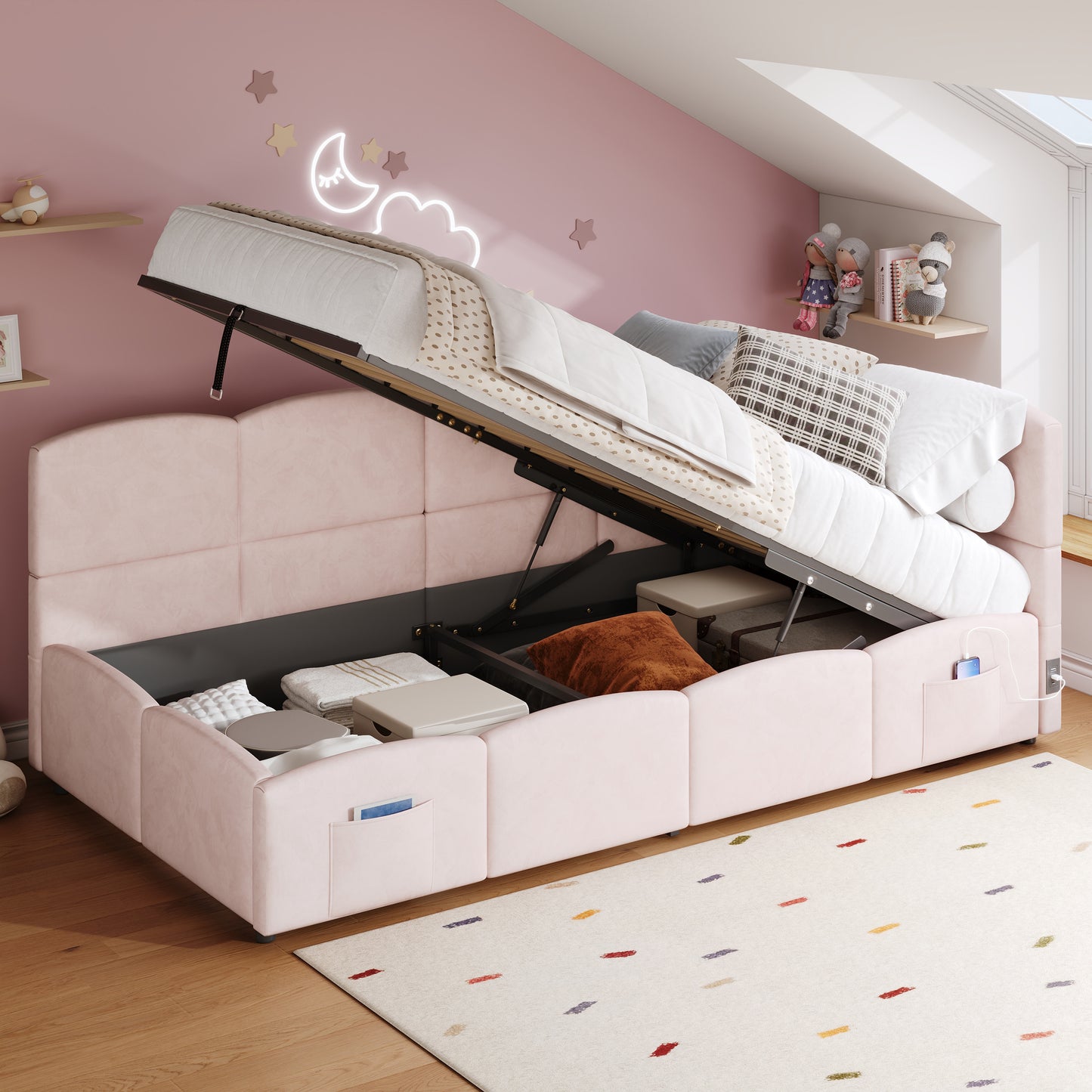 Upholstered Sofa Bed 90 X 190 Cm, 3-ft Single Daybed, Children's Bed, Single Sofa Bed With Slatted Frame, Hydraulic Storage, USB Charging, Velvet, Pink Without Mattress