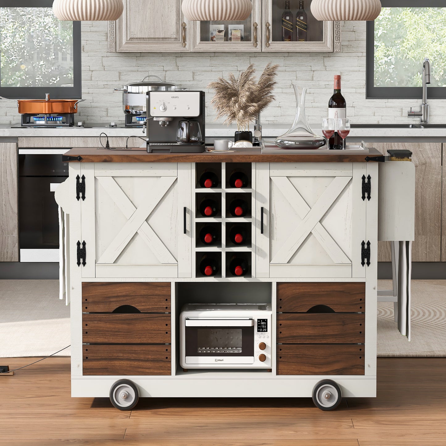 K&K 54  Farmhouse Kitchen Island With Drop Leaf, Power Outlet, Kitchen Storage Cart With 2 Doors, 2 Drawers, Rolling Kitchen Island On 4 Large Wheels With Spice Rack For Kitchen, Dining Room, White