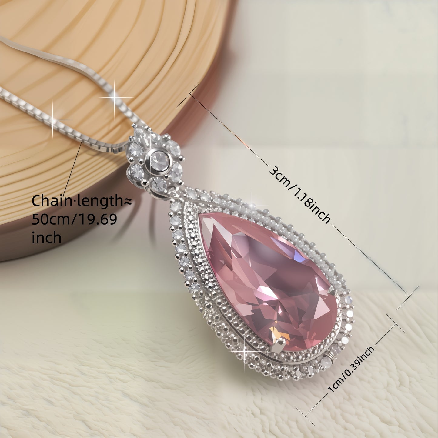 Luxury Pear Shape Pink Morganite Drop Necklace, Silver Plated CZ Halo Pendant For Anniversary & Formal Party Gifts