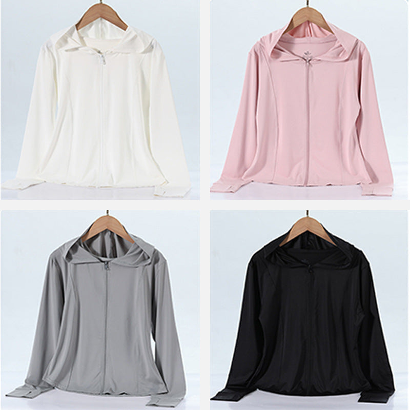 Women's Ice Silk Cool Yoga Sun Protection Clothing Slim-fit Waist Breathable Outdoor Hooded Jacket Top