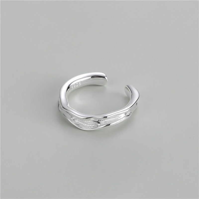 925 Sterling Silver Korean Style Irregular Stream Texture Ring, Textured Streamlined Design, INS Minimalist Fashion Statement Ring For Bloggers