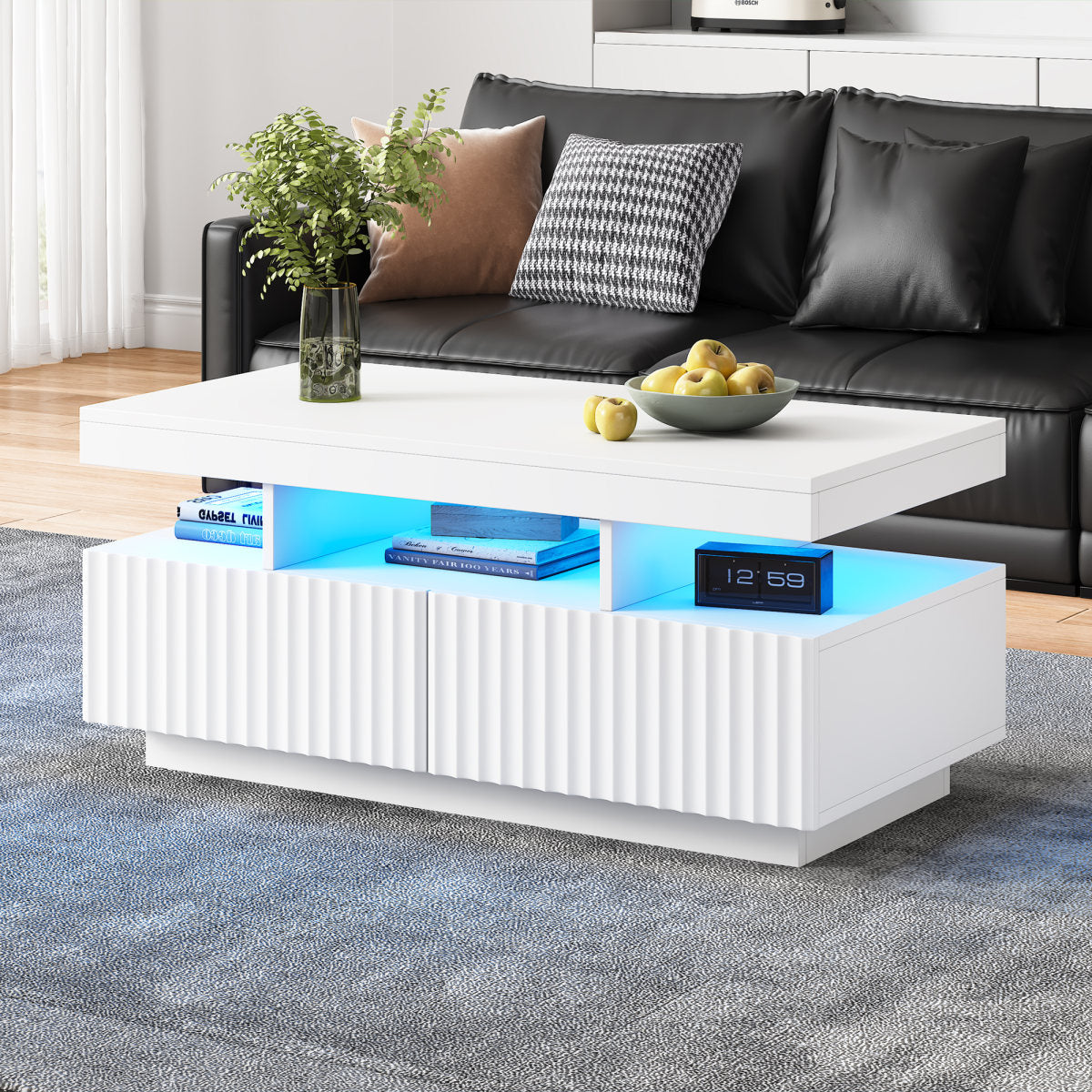 100 X 50 X 45 Cm Large Coffee Table With Two Drawers,Vertical Striped, Vacuum Molded Tea Table, Living Room Table,Coffee Table With LED Light Bar,White