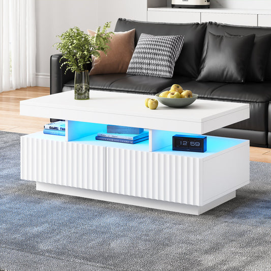 100 X 50 X 45 Cm Large Coffee Table With Two Drawers,Vertical Striped, Vacuum Molded Tea Table, Living Room Table,Coffee Table With LED Light Bar,White
