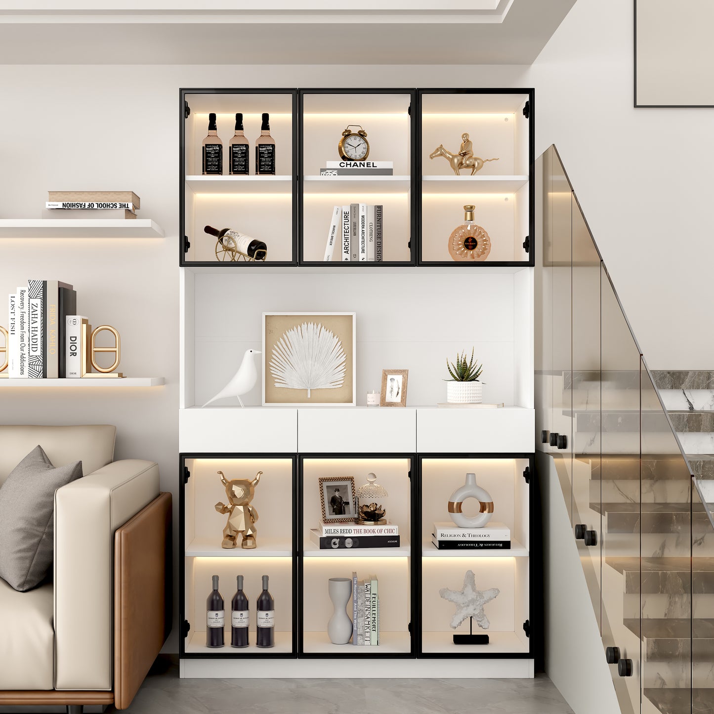Glass Cabinet Door, 200cm High, White Display Cabinet With LED Lights, Multi-storage Bookshelf For Collections, Bedroom, Living Room, Office, White - Black Door Frame