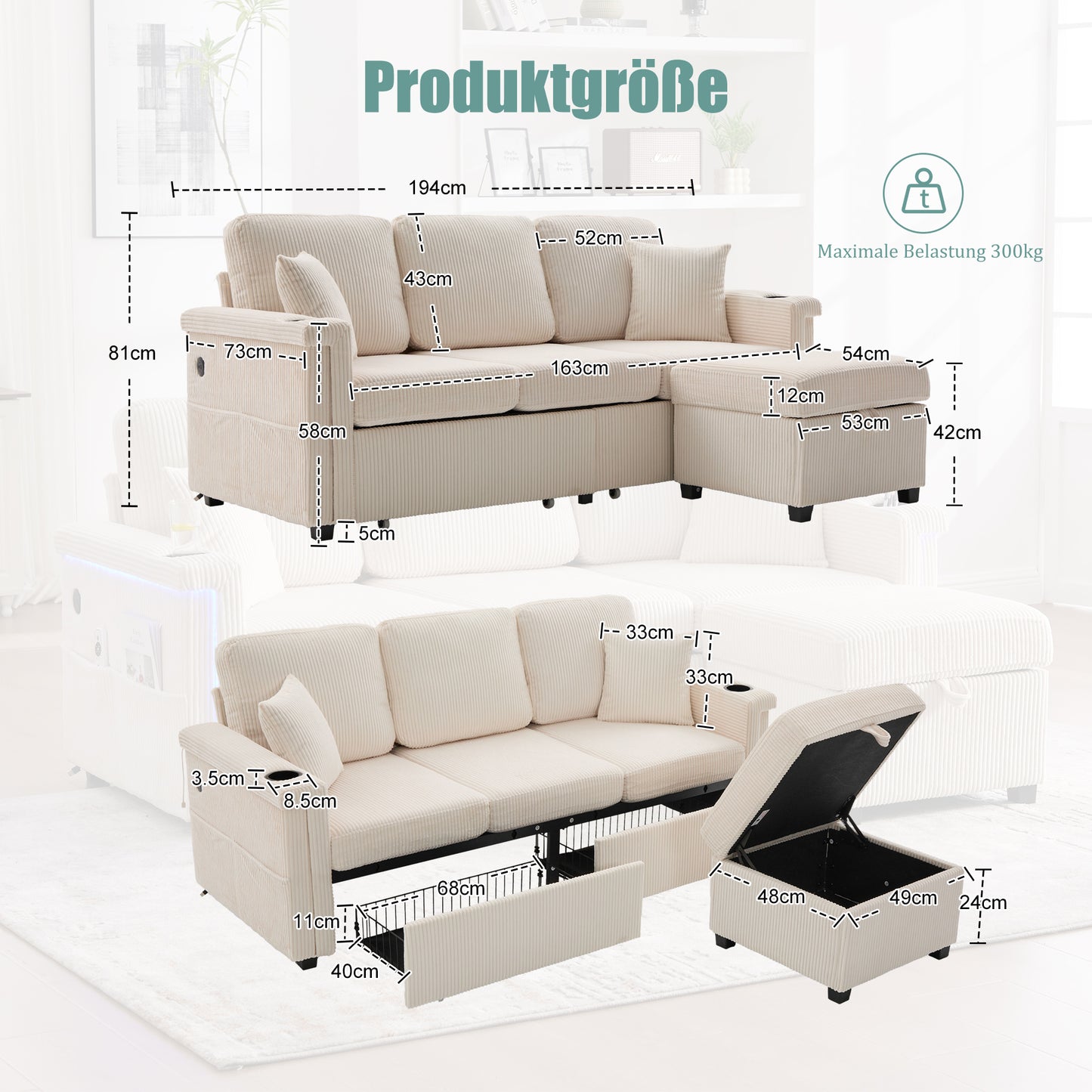 High-quality Velvet Sofa With LED Lighting & USB-C Port, Including Storage Footboard, Practical Cup Holders And Side Pockets  Premium Quality For The Living Room, Bedroom Or Office.