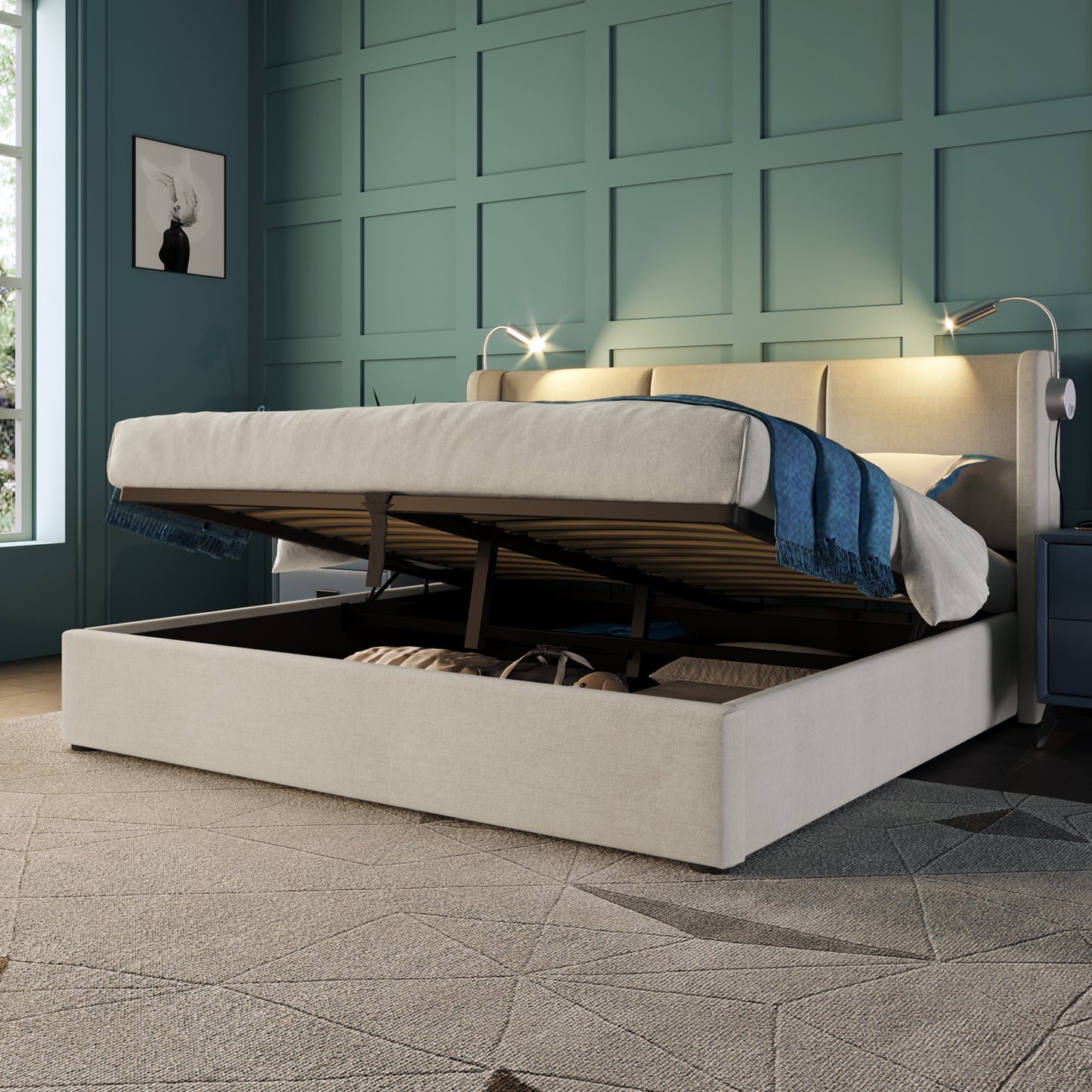 Upholstered Bed Double Bed Storage Bed Box Reading Light With USB Charging Head Part,Storage Beds Bed Frame Made Of Linen Material Youth Bed 160x200 With Lattice Grid With Mattress