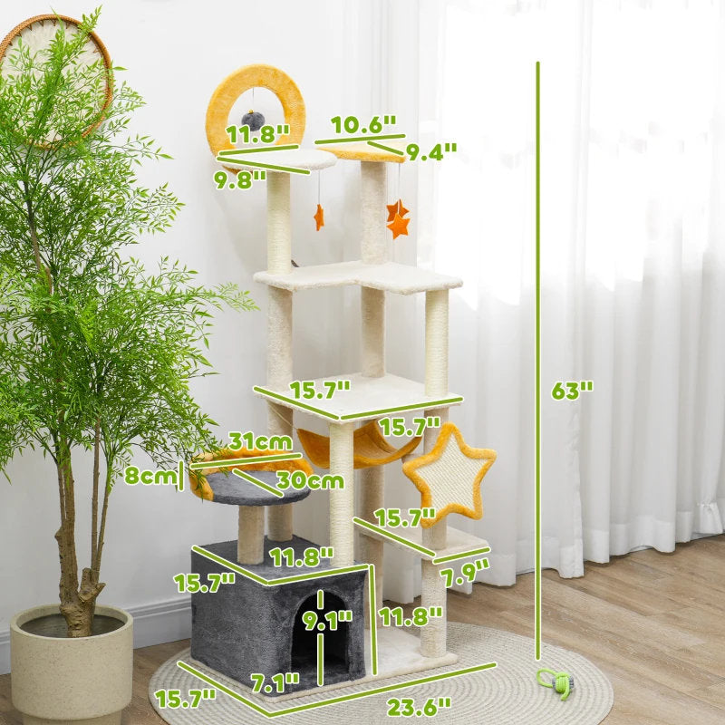 PawHut 63 Inch Moon And Star Themed Cat Tree With Scratching Post, Hammock, Condo, Bed, Scratching Board & Cat Toys, Beige