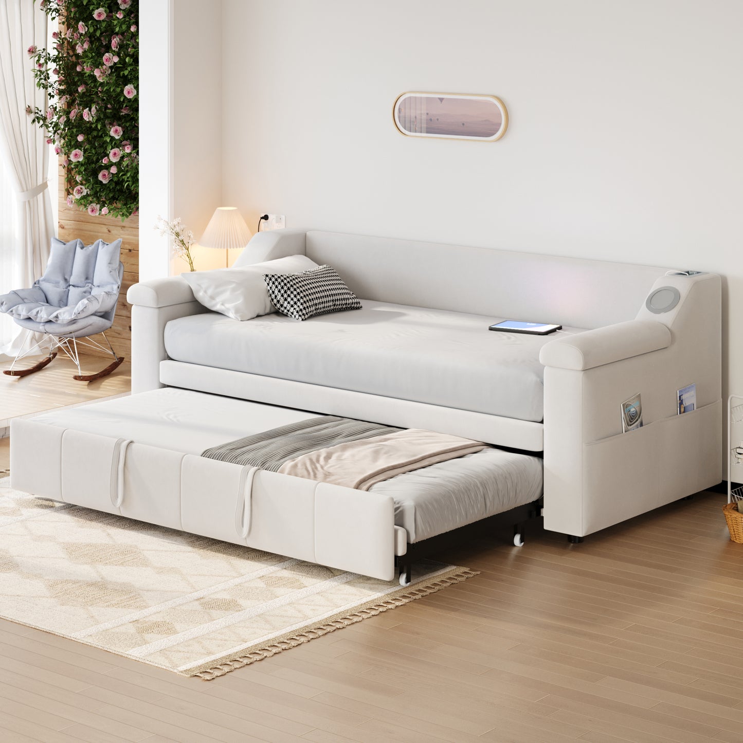 Upholstered Bed Sofa Bed, 90 180x190 Cm, Armrests Wider And Thicker, With Smart Bluetooth Stereo System With USB Charging Port, With Storage Compartments, With Slatted Base, Velvet Fabric, Beige