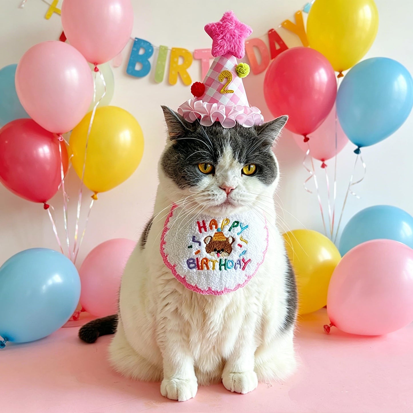 Cat Birthday Party Supplies, Cat Birthday Hat With Number And Star, Embroidered Happy Birthday Bandana For Kitten Cats Small Dogs Decorations, Photo Prop Gift Outfit For Pet Birthday Celebration