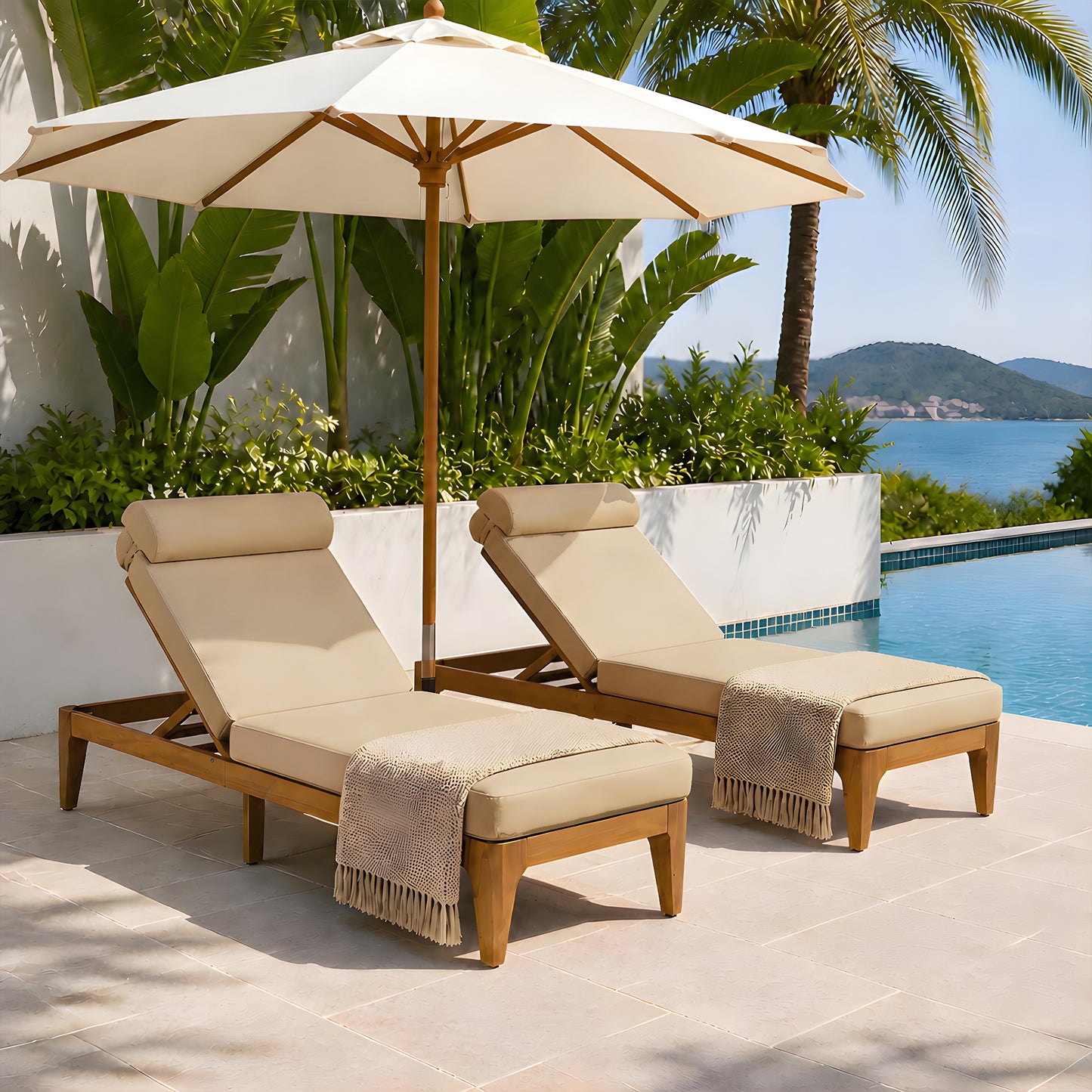 TOPMAX Acacia Wood Chaise Lounge, Outdoor Sun Lounge Chair, Patio Recliner With Adjustable Backrest And Head Pillow For Poolside, Backyard, Garden, Indoor&Outdoor, Set Of 2, Coffee Brown