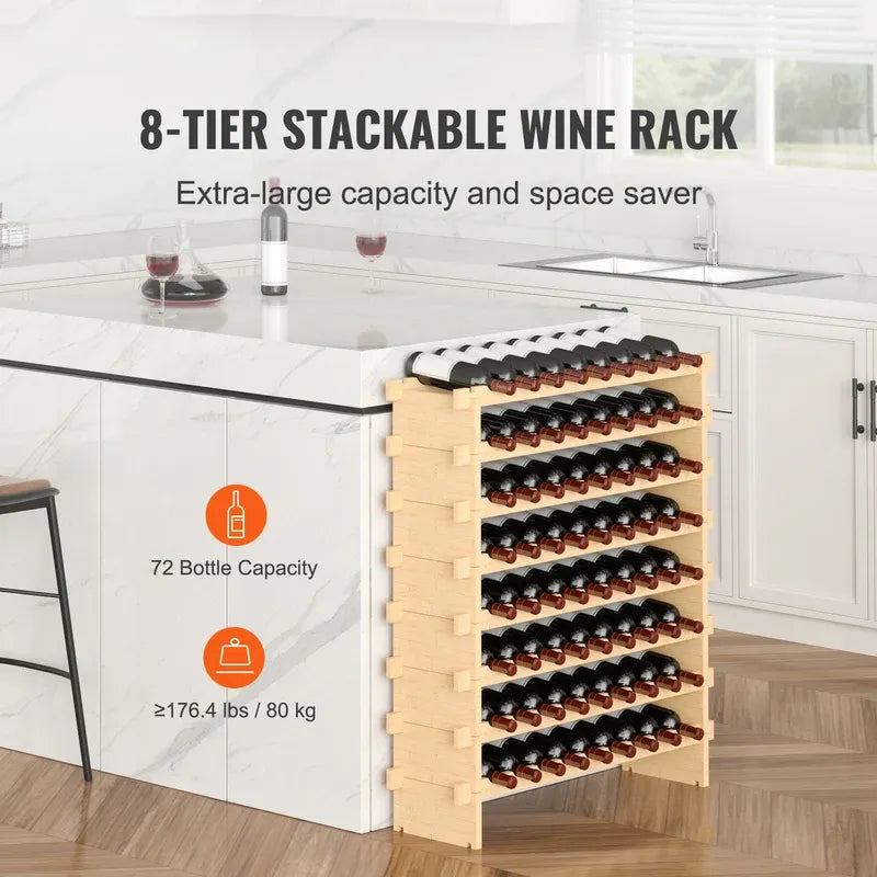 48 or 72 Bottle Stackable Modular Wine Rack, Free Standing Bamboo Storage Display Shelves for Cellar