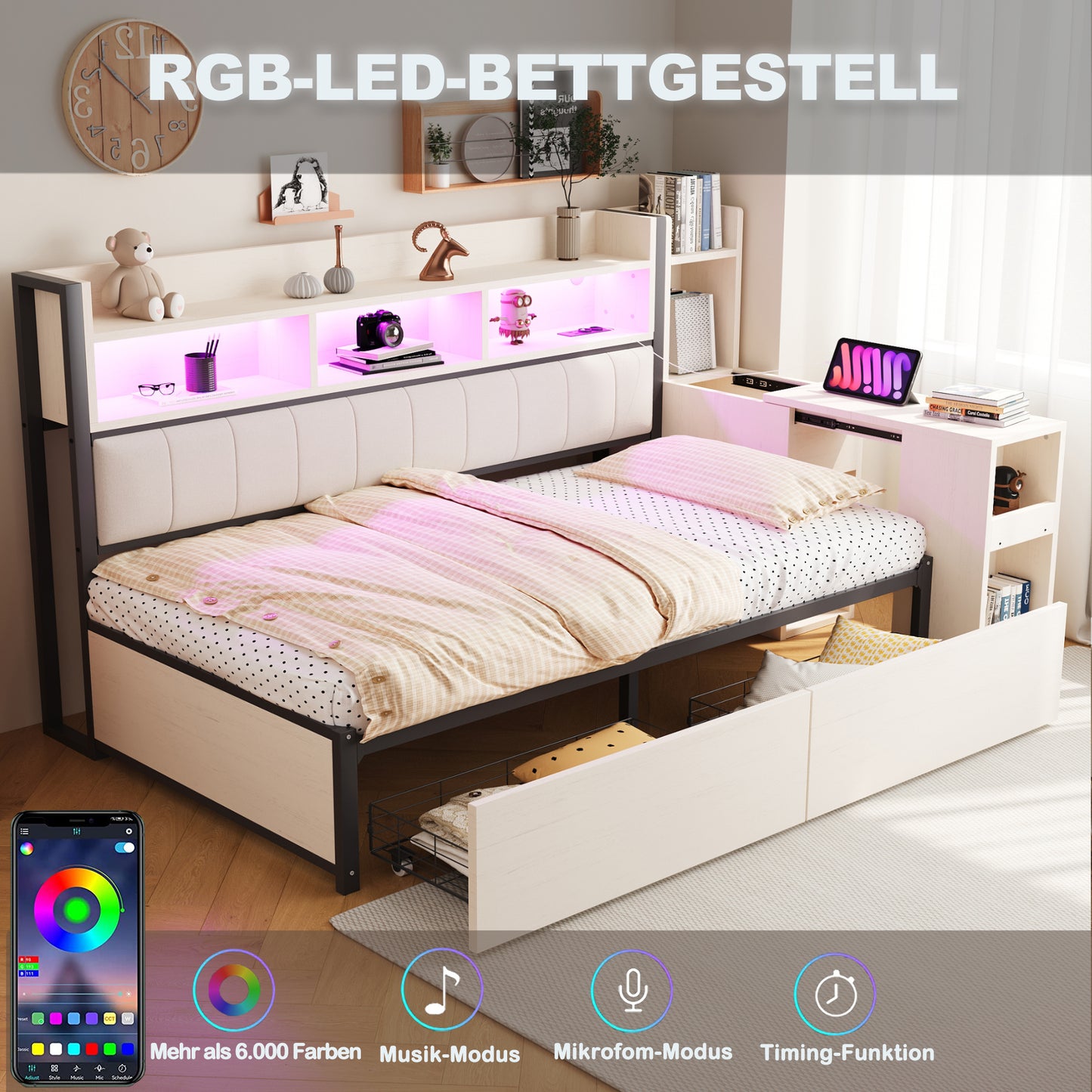 Iron Sofa Bed 90 X 200 Cm, With Versatile Storage Compartments & Lockers, Multifunctional Sockets & LED Lighting, Complete With Large Drawers And A Pull-out Desk, White